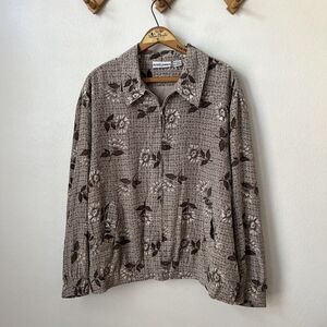 Vtg y2k Alfred Dunner brown floral SILK full zip bomber jacket lightweight sz 14